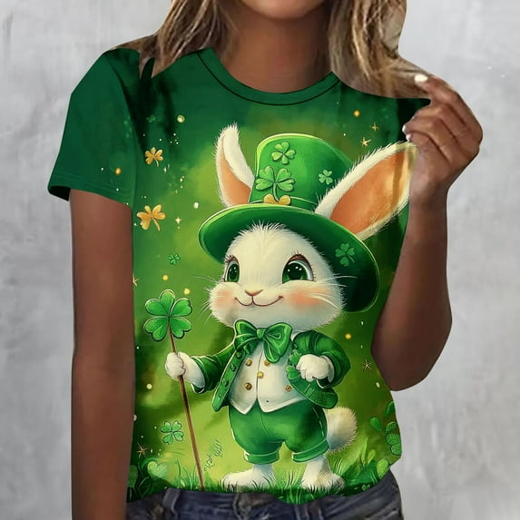 LEKWK Womens Graphic T Shirts Cute Bunny Leprechaun Crew Neck St Patricks Day Shirt Rabbit Holding Clover Print Short Sleeve Holiday Tee
