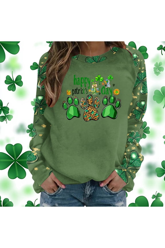Womens Graphic T Shirts Leopard Plaid Paw Prints Round Neck Long Sleeve St Patricks Day Shirt Dog Mom Puppy Raglan Top