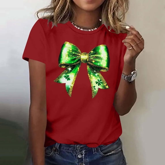 LEKWK Womens Graphic T Shirts Loose Fit 3/4 Sleeve Graphic Tees Casual Tops Large Green Ribbon Bow Graphic Holiday Wear