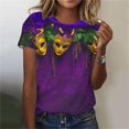 thumbnail image 1 of LEKWK Womens Graphic T Shirts Purple Gold Masquerade Masks Crew Neck 3/4 Sleeve Mardi Gras Shirt Beads Feather Print Carnival Party Blouse, 1 of 6