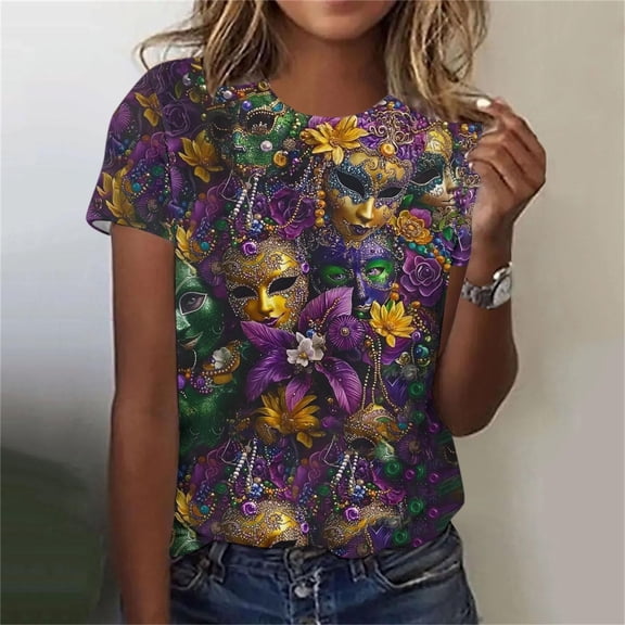 LEKWK Womens Graphic T Shirts Purple Gold Masquerade Masks Crew Neck 3/4 Sleeve Mardi Gras Shirt Beads Feather Print Carnival Party Blouse