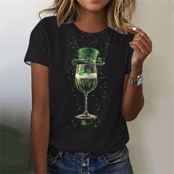 LEKWK Womens Graphic T Shirts Rising Green Shamrock Field Round Neck Short Sleeve St Patricks Day Shirt Clover Pattern Festival Tee