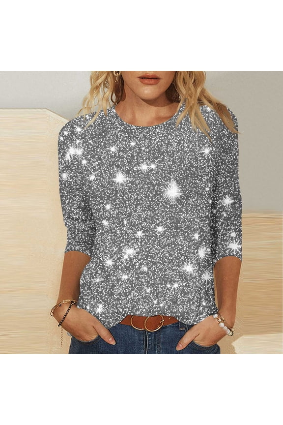 Womens Graphic T Shirts Starry Night Galaxy Print Round Neck 3/4 Sleeve Trendy Tops Celestial Star Pattern Tee Casual Summer Blouse