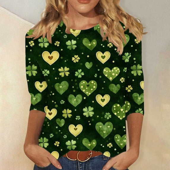 LEKWK Womens Graphic Tees All Over Print Long Sleeve Casual Tops Cute Tops Green Hearts Shamrocks Pattern St Patricks Day Tops