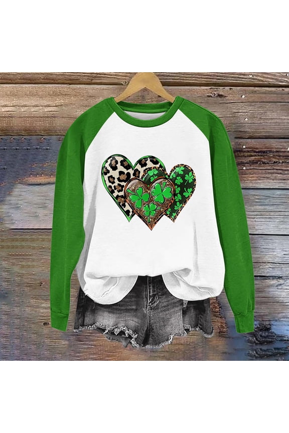 Womens Graphic Tees Baseball Style Raglan Shirts Long Sleeve Cute Tops Green Leopard Print Heart Clover Graphic Shirts
