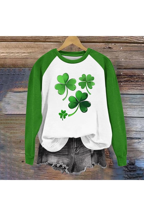 Womens Graphic Tees Baseball Style Raglan Shirts Long Sleeve Cute Tops Green Leopard Print Heart Clover Graphic Shirts