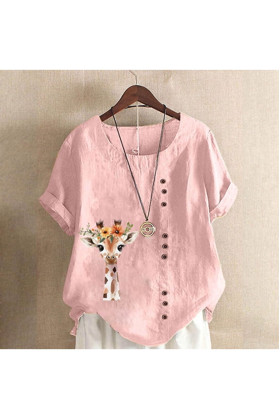 Womens Graphic Tees Loose Fit Short Sleeve Womens T-Shirts Giraffe Print Casual Tops for Home School Vacation Wear