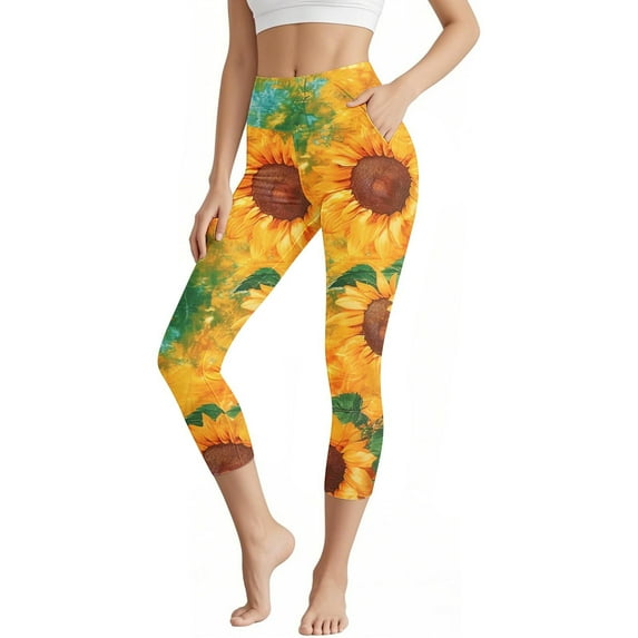 LEKWK Womens High Waisted Leggings Sunflower Leopard Print Side Pockets Capri Yoga Pants Soft Stretchy Gym Leggings Festival Casual Summer Outfits