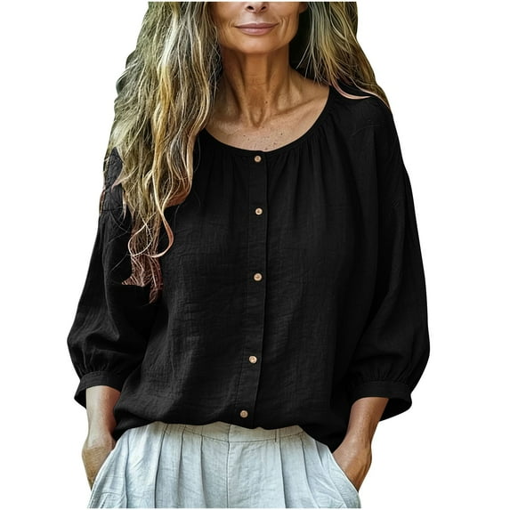 LEKWK Womens Linen Blouse Loose Fit Scoop Neck 3/4 Puff Sleeve Boho Tops Elastic Cuff Tunic Tops Button Down Front Pleated Casual Vacation Outfits