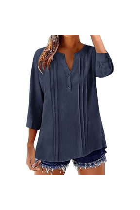 Womens Linen Blouse Pintuck Pleated Front Business Casual Tops Split V Neck 3/4 Sleeve Tops Button Henley Solid Texture Elegant Work Wear