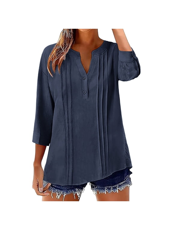 Womens Linen Blouse Pintuck Pleated Front Business Casual Tops Split V Neck 3/4 Sleeve Tops Button Henley Solid Texture Elegant Work Wear