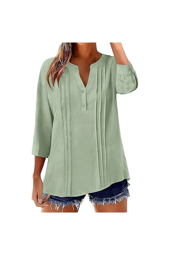 Womens Linen Blouse Pintuck Pleated Front Business Casual Tops Split V Neck 3/4 Sleeve Tops Button Henley Solid Texture Elegant Work Wear