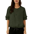 thumbnail image 1 of LEKWK Womens Linen Blouse Ruffle Sleeve Button Down Shirt Round Neck Tunic Tops Cute Tops Loose Fit Solid Soft Summer Casual Outfits, 1 of 7