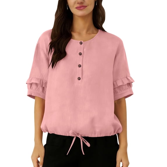 LEKWK Womens Linen Blouse Ruffle Sleeve Button Down Shirt Round Neck Tunic Tops Cute Tops Loose Fit Solid Soft Summer Casual Outfits