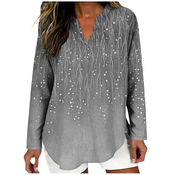 LEKWK Womens Linen Long Sleeve Shirt Abstract Line Print Split V Neck Tunic Tops Going Out Tops Long Sleeve Trendy Tops Flowy Soft Evening Wear
