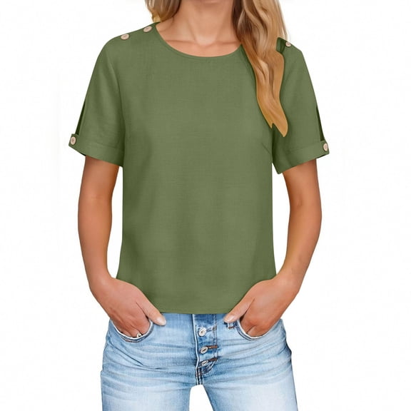 LEKWK Womens Linen Shirt Button Tab Sleeve Basic Tees Round Neck Casual Tops Solid Design Shoulder Detail Daily Work Wear