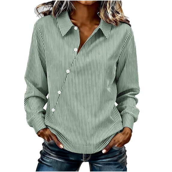 LEKWK Womens Linen Shirt Striped Asymmetrical Button Dressy Tops Long Sleeve Business Casual Tops Collared Irregular Hem Slim Fit Work Outfits