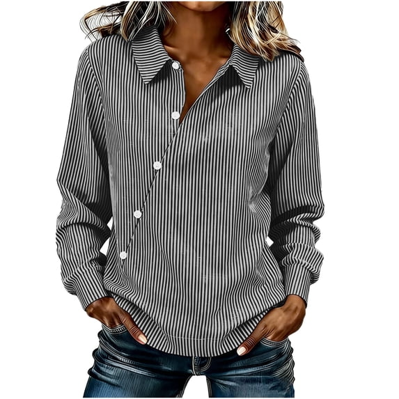 LEKWK Womens Linen Shirt Striped Asymmetrical Button Dressy Tops Long Sleeve Business Casual Tops Collared Irregular Hem Slim Fit Work Outfits