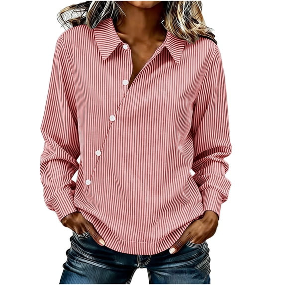 LEKWK Womens Linen Shirt Striped Asymmetrical Button Dressy Tops Long Sleeve Business Casual Tops Collared Irregular Hem Slim Fit Work Outfits