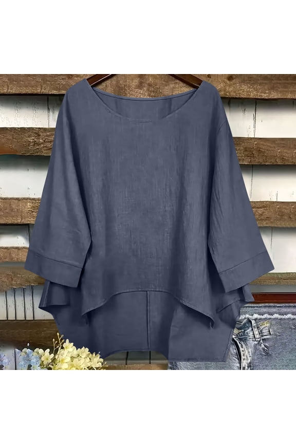 Womens Linen Shirts Boat Neck 3/4 Sleeve Oversized Tops Baggy Fit Tunic Tops Irregular Hem Boho Style Beach Vacation Wear
