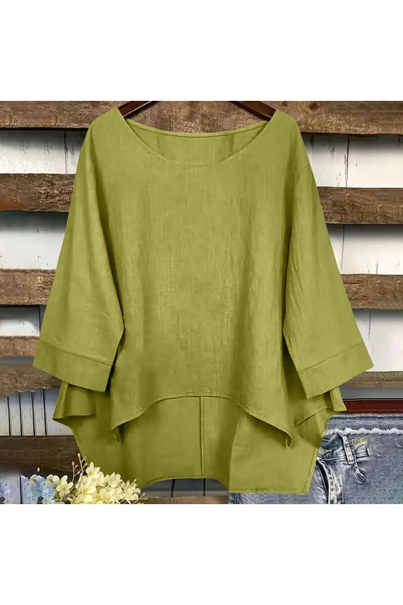 Womens Linen Shirts Boat Neck 3/4 Sleeve Oversized Tops Baggy Fit Tunic Tops Irregular Hem Boho Style Beach Vacation Wear