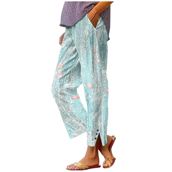 LEKWK Linen Pants for Women Loose Fit Graphic Print Pattern Beach Pants Elastic Waist Side Slit Casual Pants Breathable Soft Fabric Summer Vacation