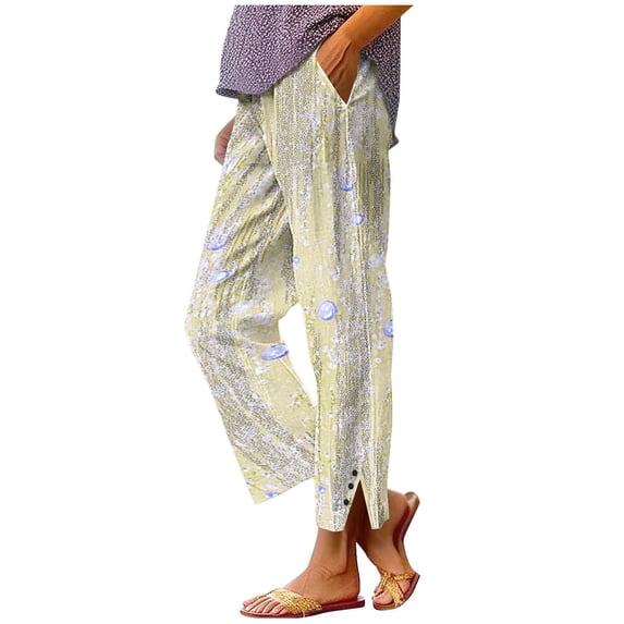 LEKWK Linen Pants for Women Loose Fit Graphic Print Pattern Beach Pants Elastic Waist Side Slit Casual Pants Breathable Soft Fabric Summer Vacation