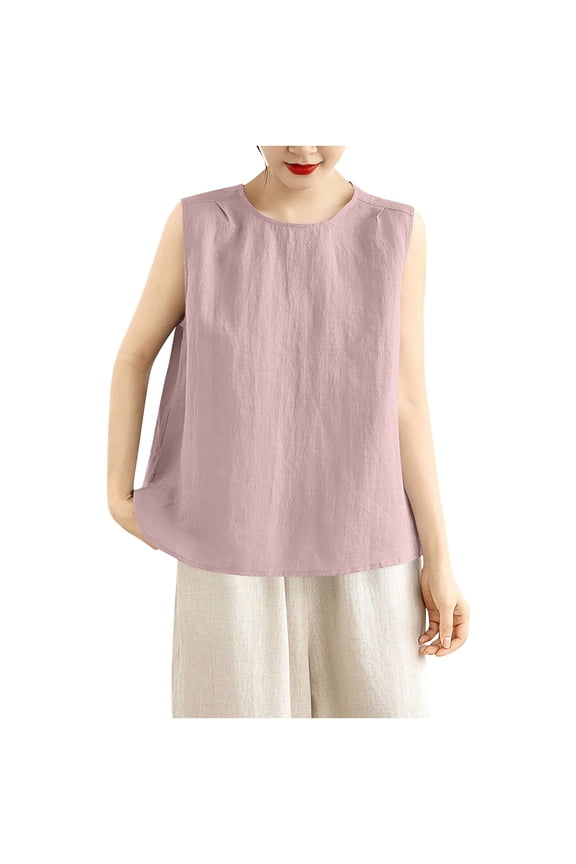 Womens Linen Tank Top Boxy Fit Sleeveless Tops Round Neck Summer Tops Shoulder Pleats Solid Inner Layering Vacation Wear