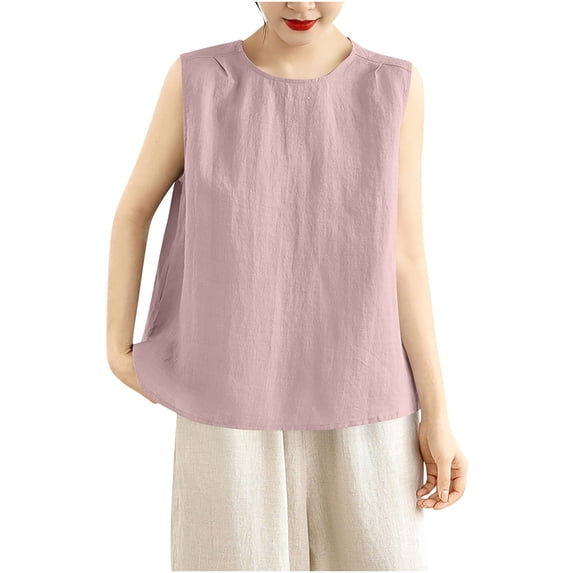 LEKWK Womens Linen Tank Top Boxy Fit Sleeveless Tops Round Neck Summer Tops Shoulder Pleats Solid Inner Layering Vacation Wear