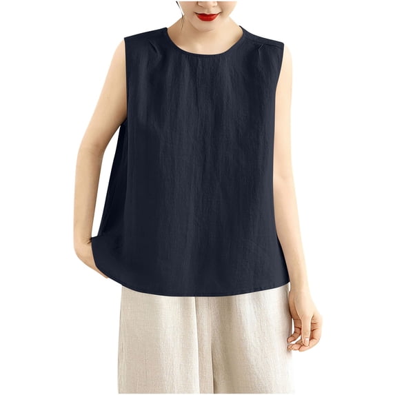 LEKWK Womens Linen Tank Top Boxy Fit Sleeveless Tops Round Neck Summer Tops Shoulder Pleats Solid Inner Layering Vacation Wear