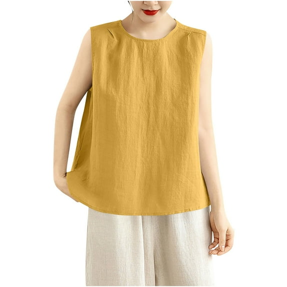 LEKWK Womens Linen Tank Top Boxy Fit Sleeveless Tops Round Neck Summer Tops Shoulder Pleats Solid Inner Layering Vacation Wear