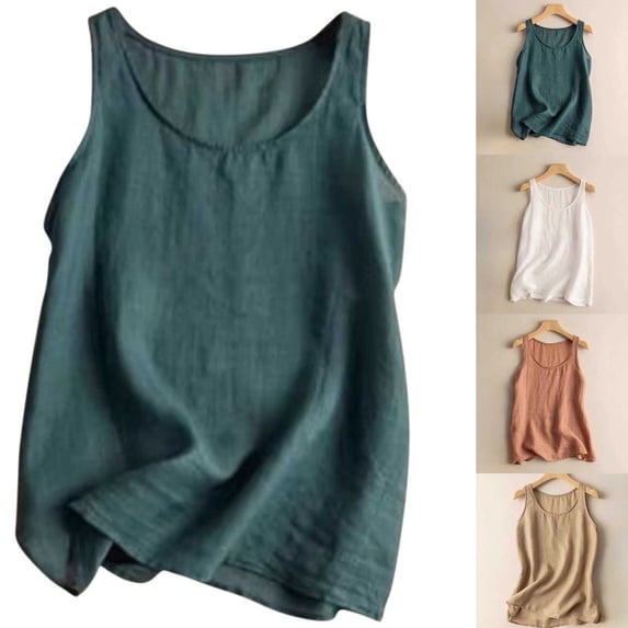 LEKWK Womens Linen Tank Top Solid Basic Style Sleeveless Tops Scoop Neck Undershirts Loose Fit Plain Soft Inner Layering Home Wear