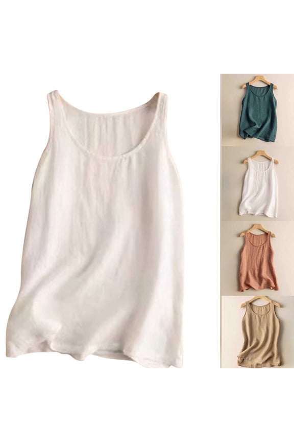 Womens Linen Tank Top Solid Basic Style Sleeveless Tops Scoop Neck Undershirts Loose Fit Plain Soft Inner Layering Home Wear