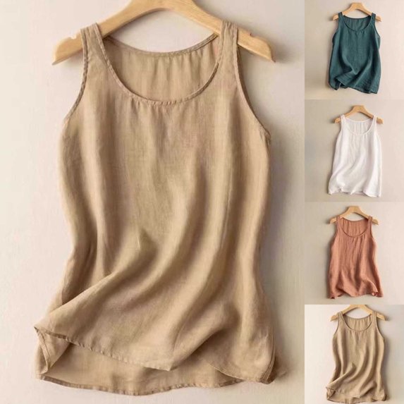 LEKWK Womens Linen Tank Top Solid Basic Style Sleeveless Tops Scoop Neck Undershirts Loose Fit Plain Soft Inner Layering Home Wear