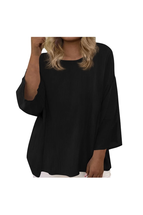 Womens Linen Top Crinkled Texture Round Neck Long Sleeve Tops Bell Sleeve Casual Tops Loose Flowy Fit Lightweight Summer Beach Wear