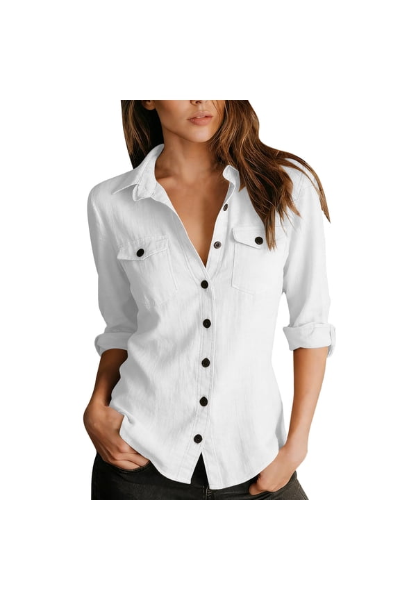 Womens Linen Top Double Chest Pockets V-Neck Henley 3/4 Sleeve Tops Roll Tab Sleeve Tunic Tops Solid Soft Work Office Wear