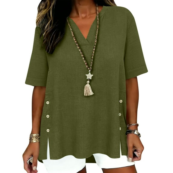 LEKWK Womens Linen Top Side Button Split V Neck Tunic Tops Short Sleeve Casual Tops Loose Fit Solid Daily Weekend Outfits