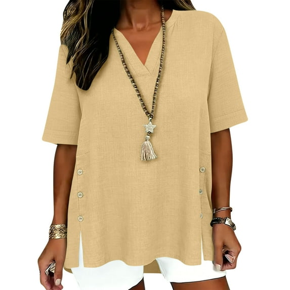 LEKWK Womens Linen Top Side Button Split V Neck Tunic Tops Short Sleeve Casual Tops Loose Fit Solid Daily Weekend Outfits
