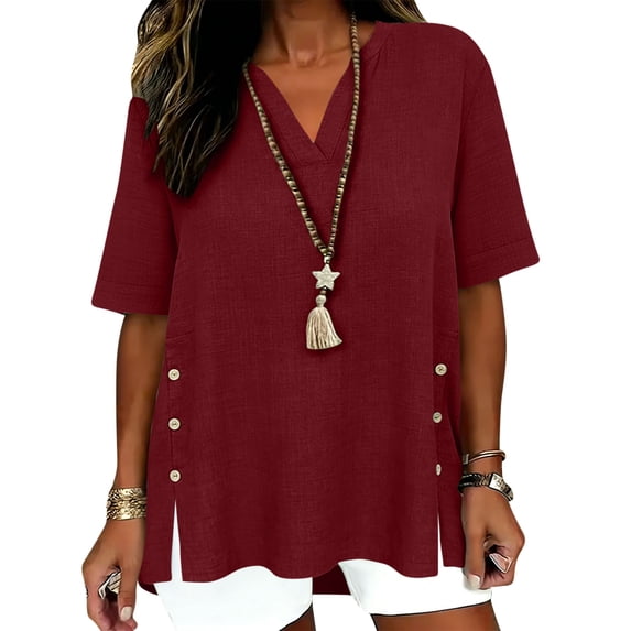 LEKWK Womens Linen Top Side Button Split V Neck Tunic Tops Short Sleeve Casual Tops Loose Fit Solid Daily Weekend Outfits
