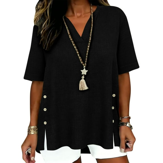 LEKWK Womens Linen Top Side Button Split V Neck Tunic Tops Short Sleeve Casual Tops Loose Fit Solid Daily Weekend Outfits