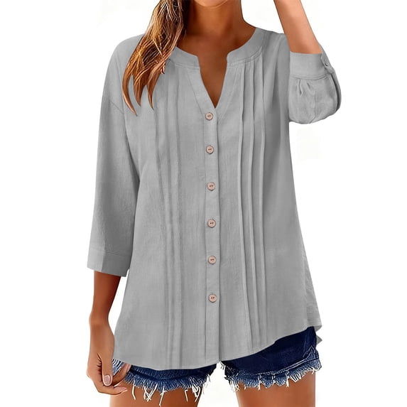 LEKWK Womens Linen Tops And Blouses Relaxed Split V Neck 3/4 Sleeve Tops Dressy Casual Button Down Tunic Tops Pleated Front Tucks Shopping Outfits