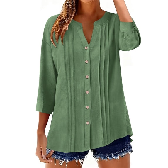 LEKWK Womens Linen Tops And Blouses Relaxed Split V Neck 3/4 Sleeve Tops Dressy Casual Button Down Tunic Tops Pleated Front Tucks Shopping Outfits