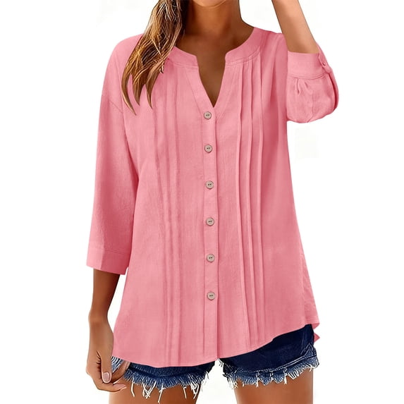 LEKWK Womens Linen Tops And Blouses Relaxed Split V Neck 3/4 Sleeve Tops Dressy Casual Button Down Tunic Tops Pleated Front Tucks Shopping Outfits