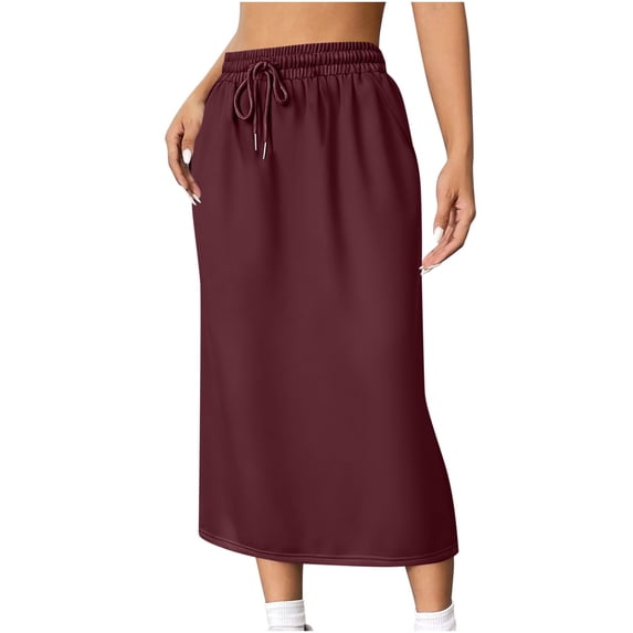 LEKWK Womens Long Flowy Skirt High Waisted Maxi Skirt Straight Long Skirt Elastic Waist With Drawstring and Pockets for Casual Daily