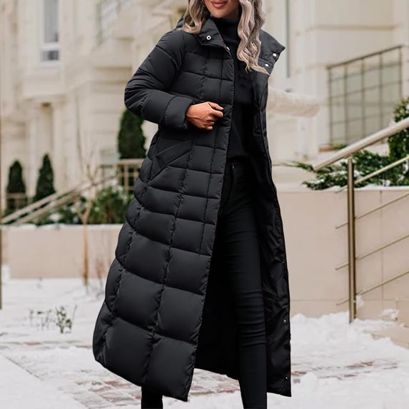 LEKWK Womens Long Puffer Coat Zip up Quilted Padded Waterproof Winter Jacket with Hood Fleece Lined Full Length Winter Warm Coats with Pockets Outdoor Daily Party Outerwear