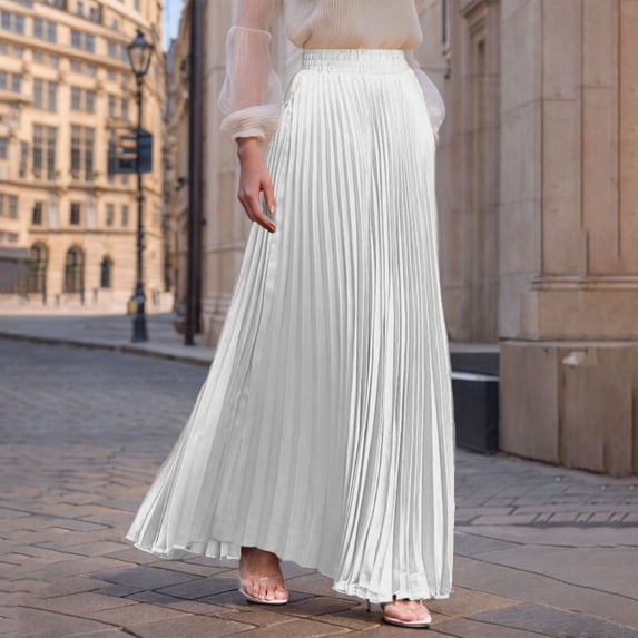 LEKWK Womens Long Skirts High Waisted Pleated Skirt Flared Maxi Skirt Elastic Waist Silky Satin Elegant Party Evening Wedding Guest Wear