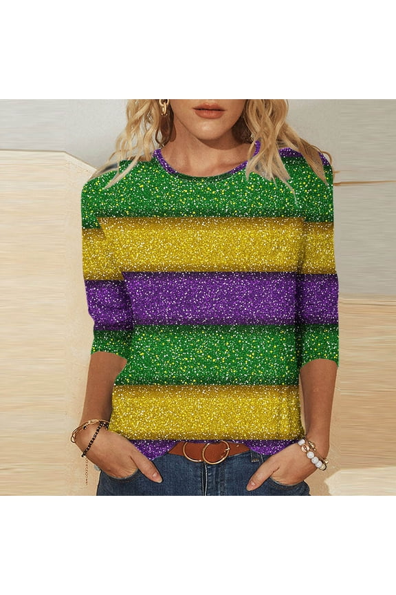 Womens Mardi Gras Shirts Geometric Diamond Argyle Round Neck 3/4 Sleeve Casual Tops Harlequin Pattern Carnival Festival Tunic