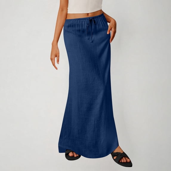 LEKWK Womens Maxi Skirts High Waisted Flowy Skirt Drawstring Maxi Skirt Solid Color Loose Fit Casual Beach Vacation Spring Summer Daily Wear