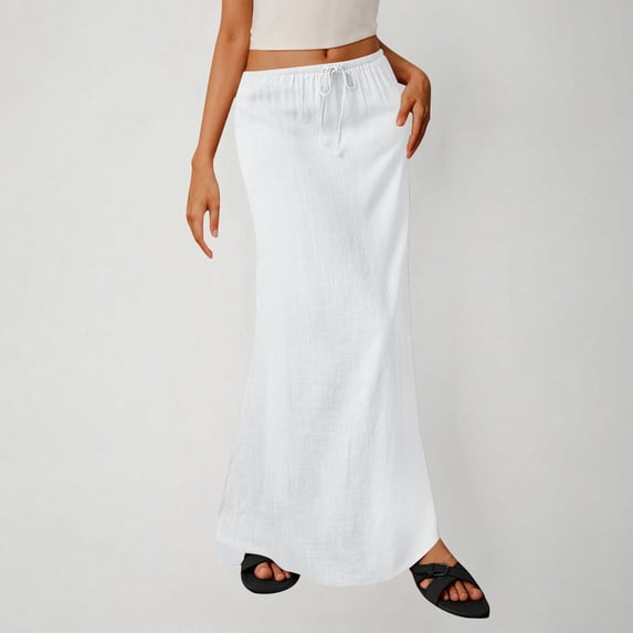 LEKWK Womens Maxi Skirts High Waisted Flowy Skirt Drawstring Maxi Skirt Solid Color Loose Fit Casual Beach Vacation Spring Summer Daily Wear
