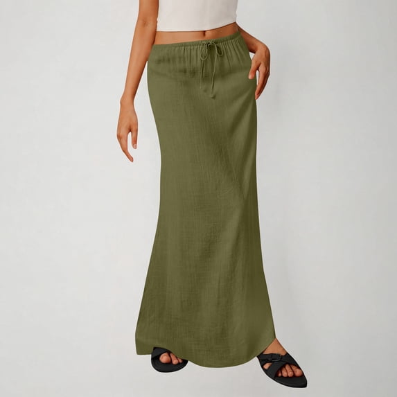 LEKWK Womens Maxi Skirts High Waisted Flowy Skirt Drawstring Maxi Skirt Solid Color Loose Fit Casual Beach Vacation Spring Summer Daily Wear
